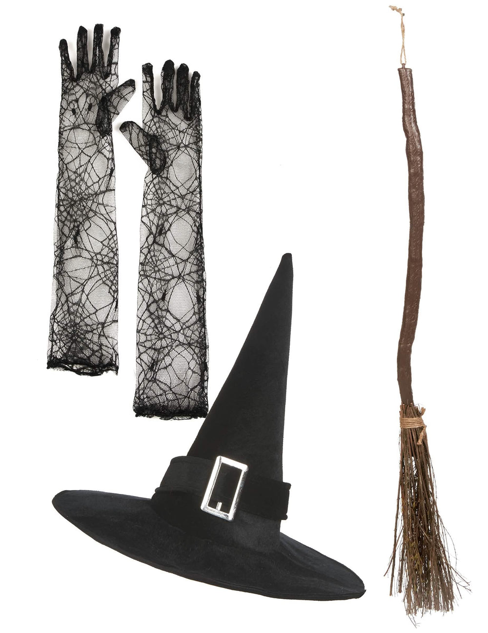 Hexen-Set für Damen Schwarz mit Hut, Handschuhe aus Spitze und Besen