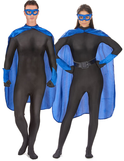 Kit super héros pour adulte bleu avec cape, masque et poignets