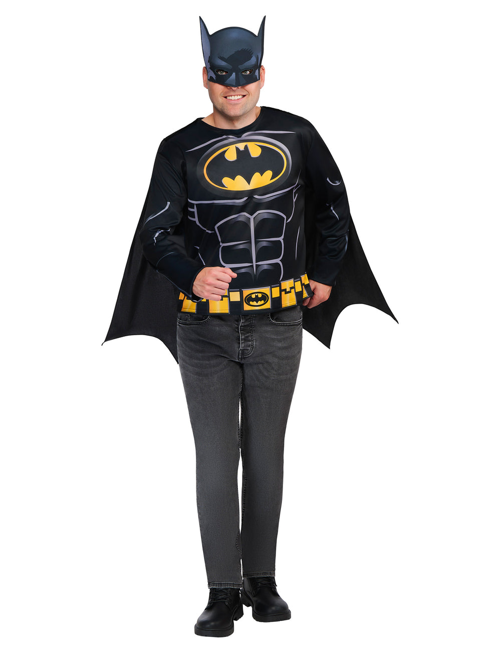 Vue de face du kit top et masque Batman pour adulte