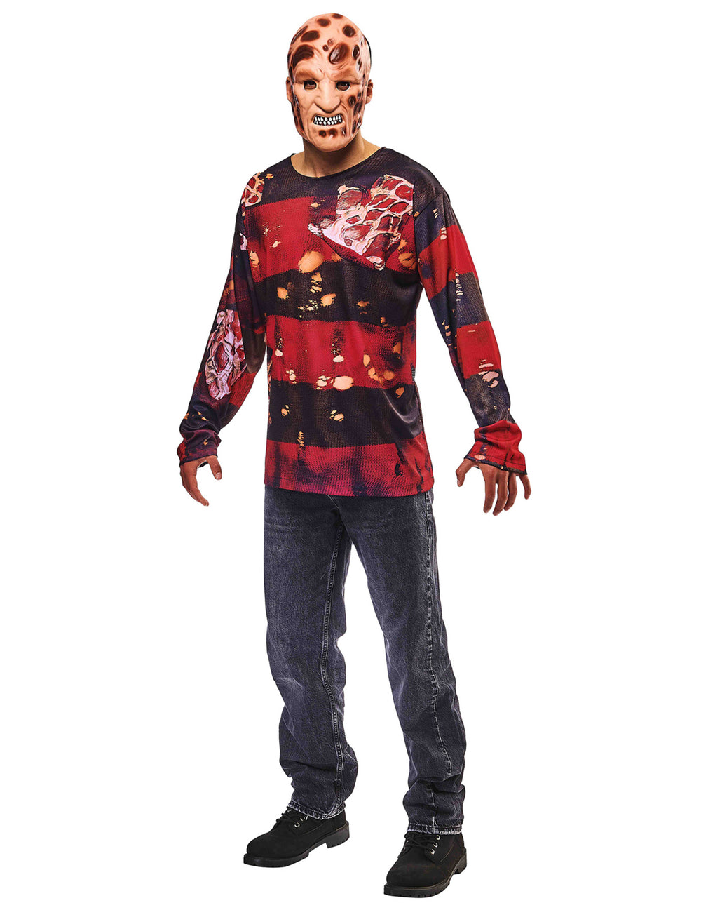 Kit top et masque Freddy Kruegger pour adulte rouge et noir à rayures avec effet de brûlures