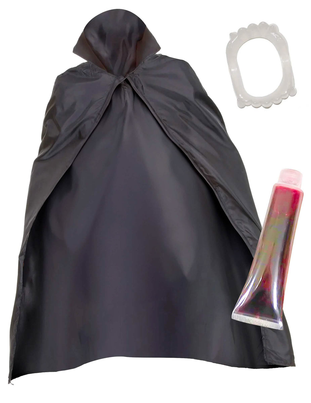 Vampir-Set für Erwachsene Schwarz mit Umhang, Gebiss und Kunstblut