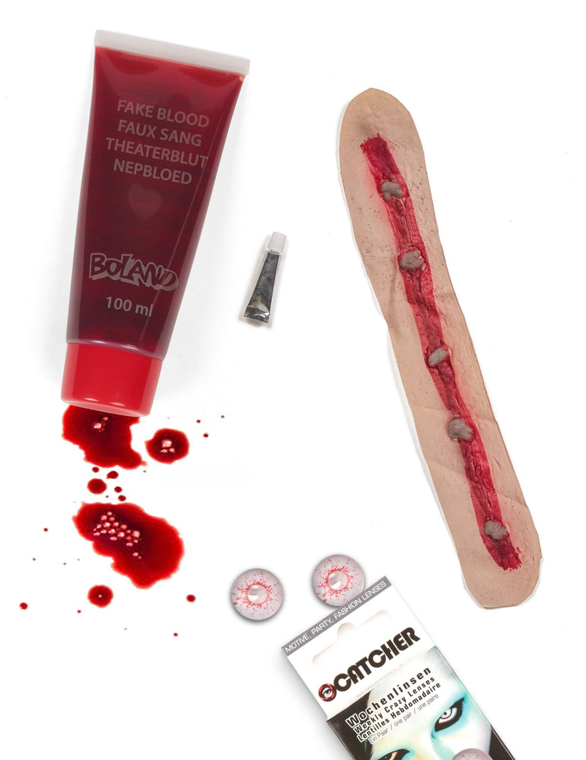 Zombie-Set für Erwachsene mit Kunstblut, Narbe und Kontaktlinsen