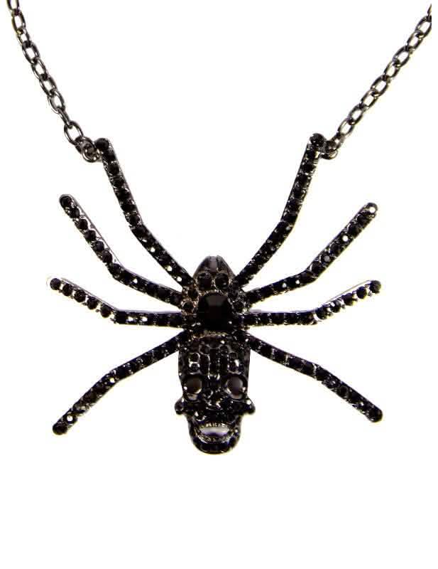 Schwarze Erwachsenе-Skullkette mit Spinnenkopf und Strass