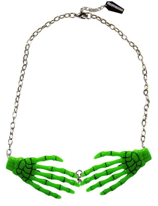 Collier chaîne pendentif mains de squelette pour adulte vert fluo