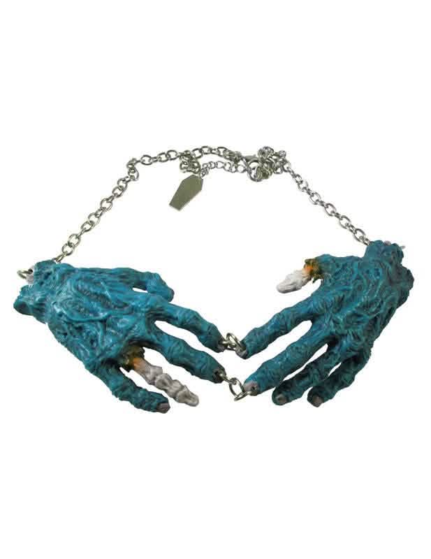 Gothic-Halskette Hände zombies für Erwachsene Blau und Grau, Silber