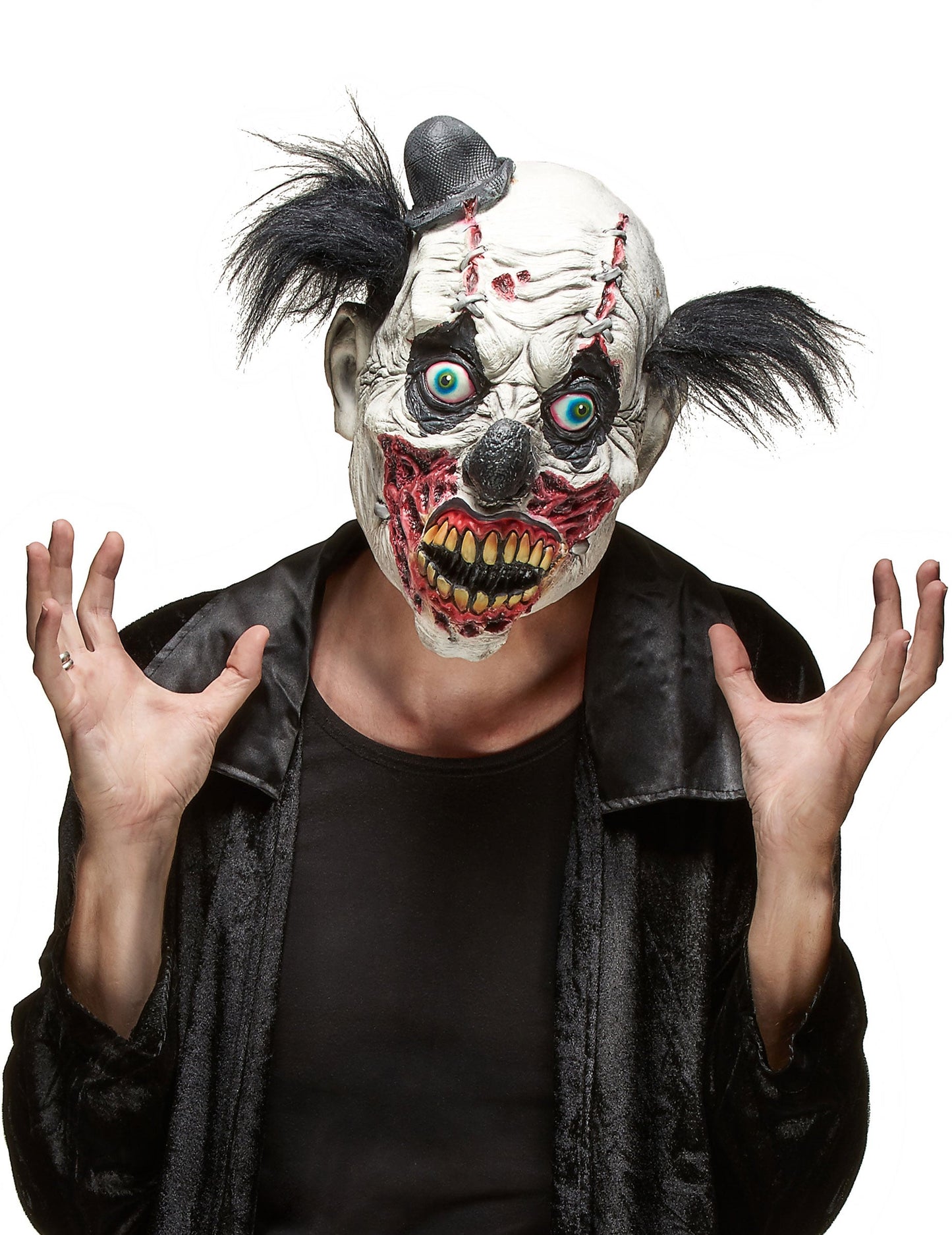 Masque latex clown sanglant Halloween pour adulte blanc et rouge avec cheveux noirs