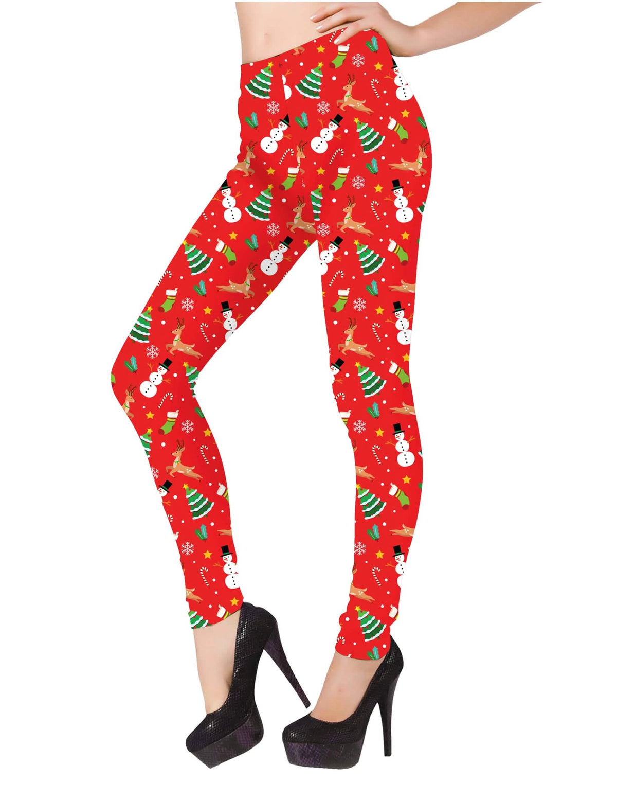 Legging de Noël pour femme rouge à motifs de bonhommes de neige et sapins