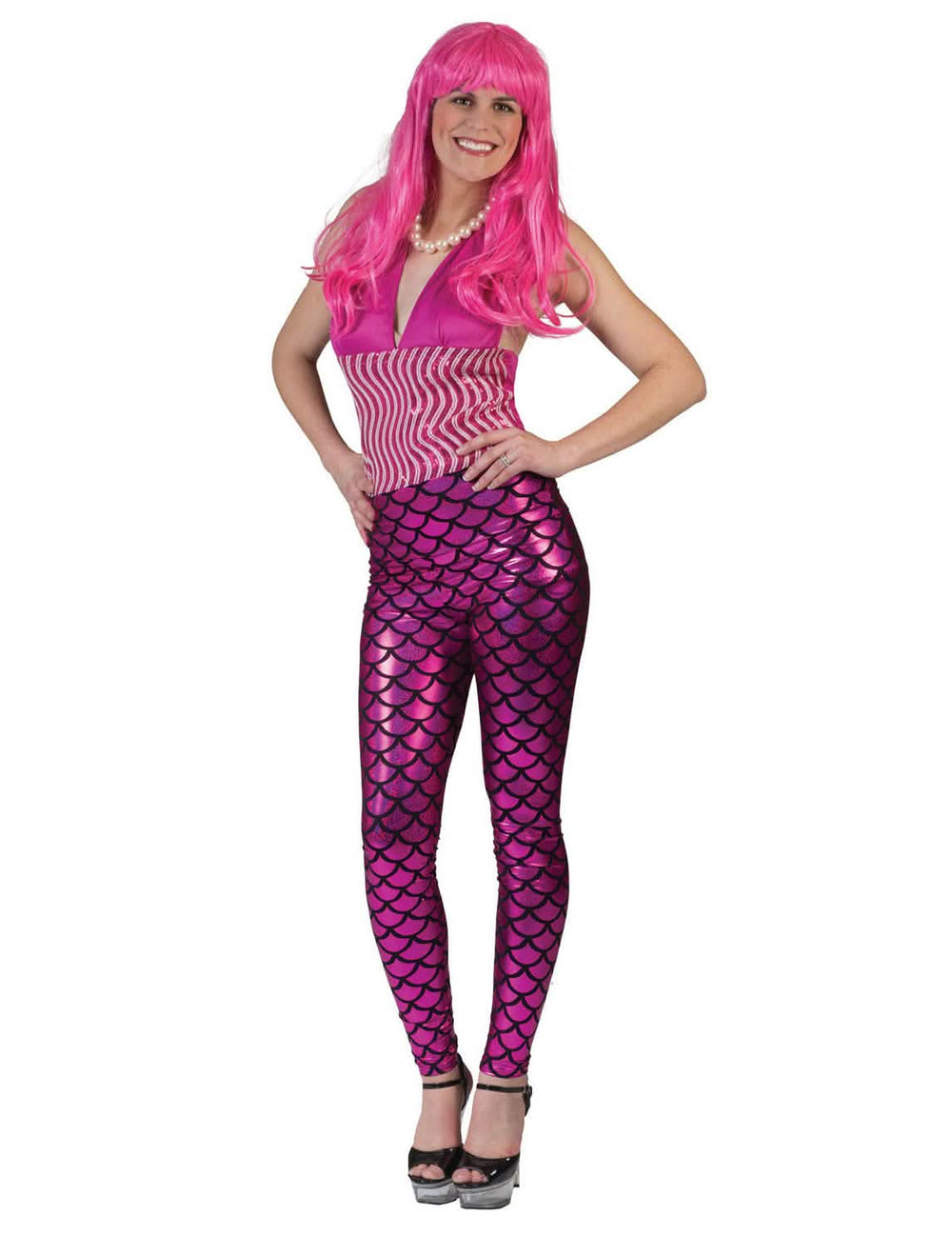 Leggings Meerjungfrauen für Damen Rosa, Pink glänzend mit schwarzen Schuppen