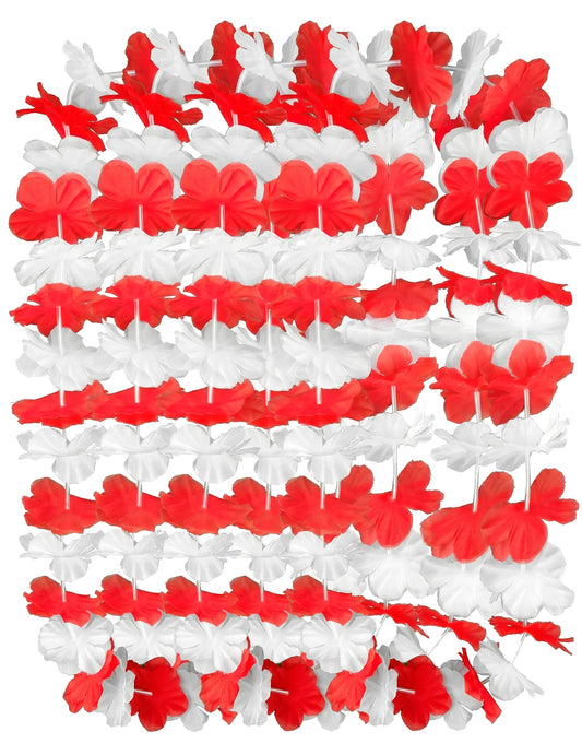 12er Set Hawaii-Blumenketten rot-weiß für Erwachsene