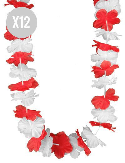12er Set Hawaii-Blumenketten rot-weiß für Erwachsene