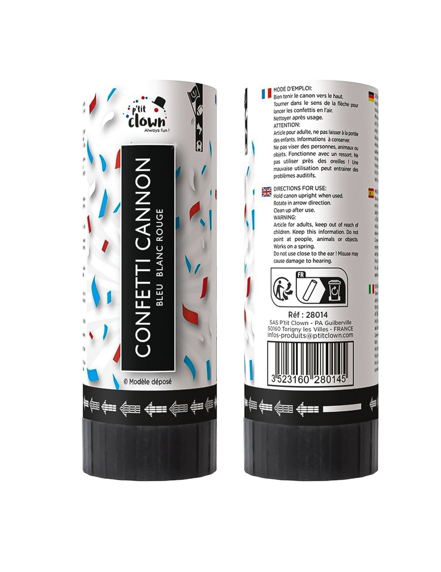 Lot de 2 canons à confettis supporter bleu, blanc et rouge 11 cm