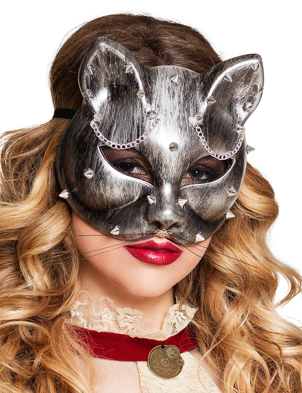 Steampunk-Katze für Erwachsene Grau, Silber mit Nieten und Ketten