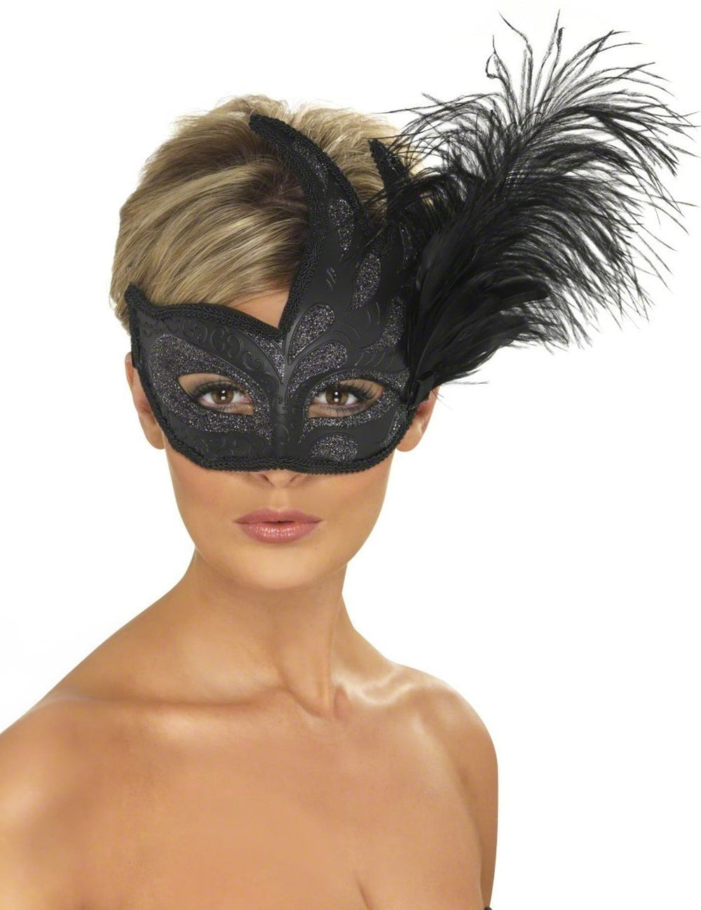 Loup noir avec paillettes argentées et plumes pour adulte noir