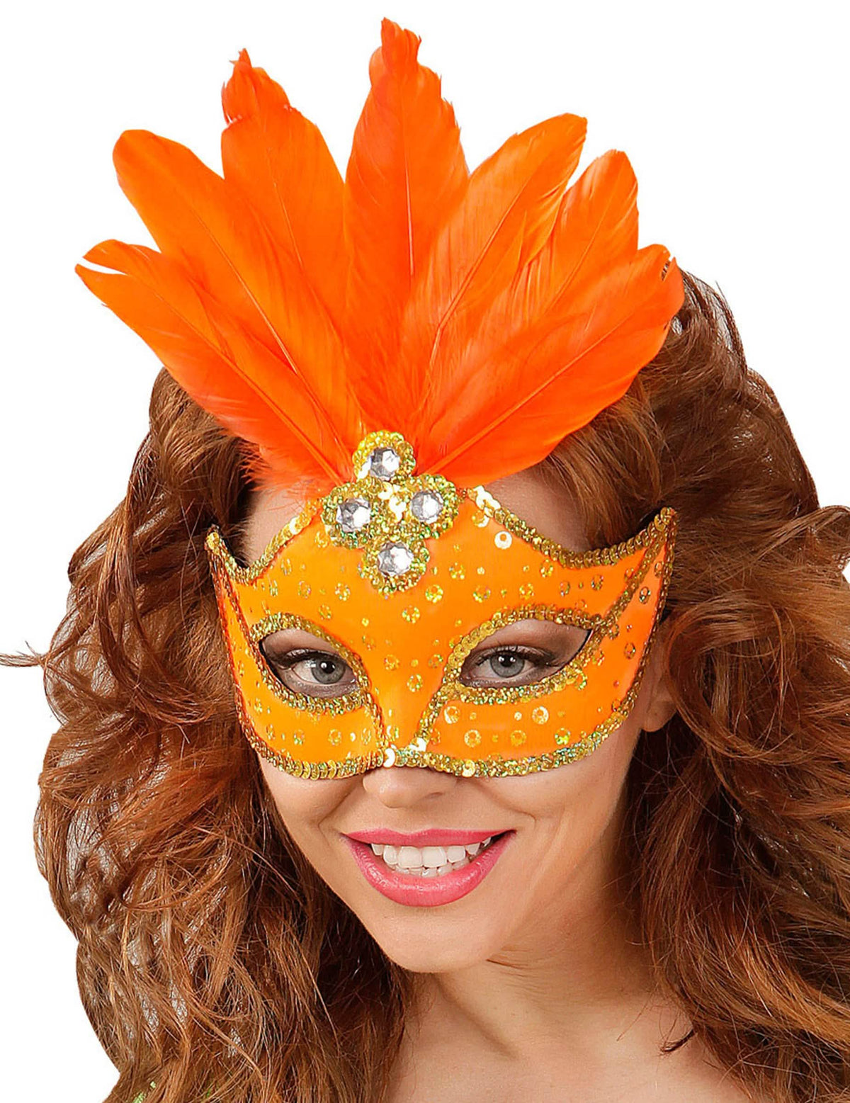 Wolf mit Federn für Damen orange mit Pailletten und Strass