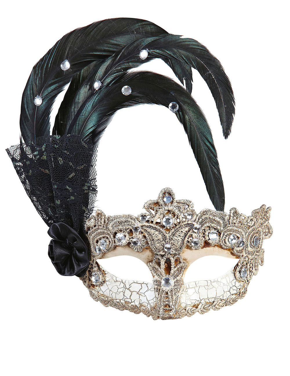 Vue de profil du loup vénitien dentelle et plumes pour adulte