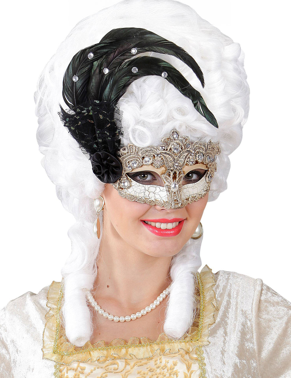 Loup vénitien dentelle et plumes pour adulte doré et crème avec plumes noires