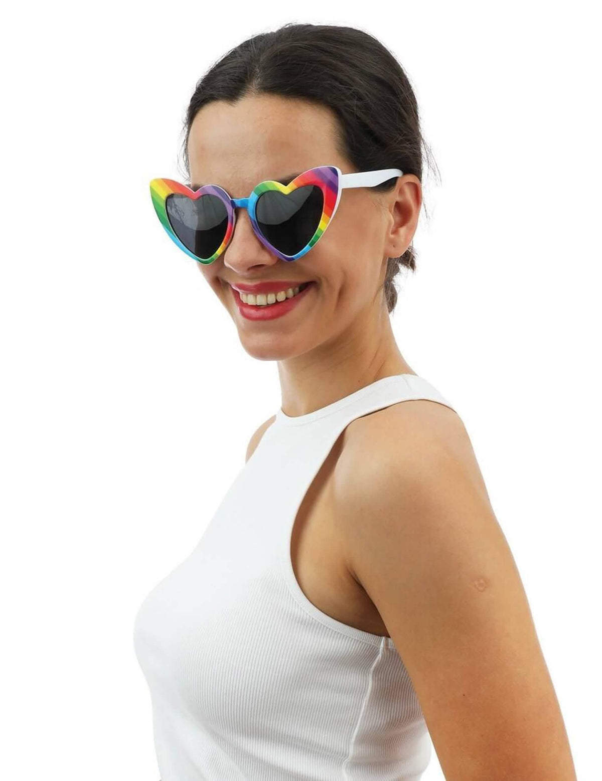 Vue de face des lunettes cœurs arc en ciel pour adulte
