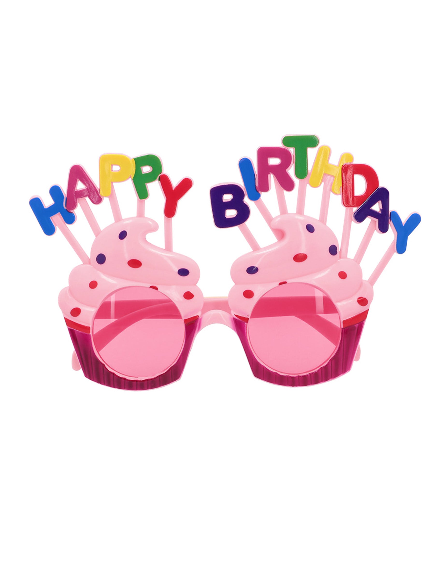 Vue de face des lunettes Happy Birthday cupcake pour adulte