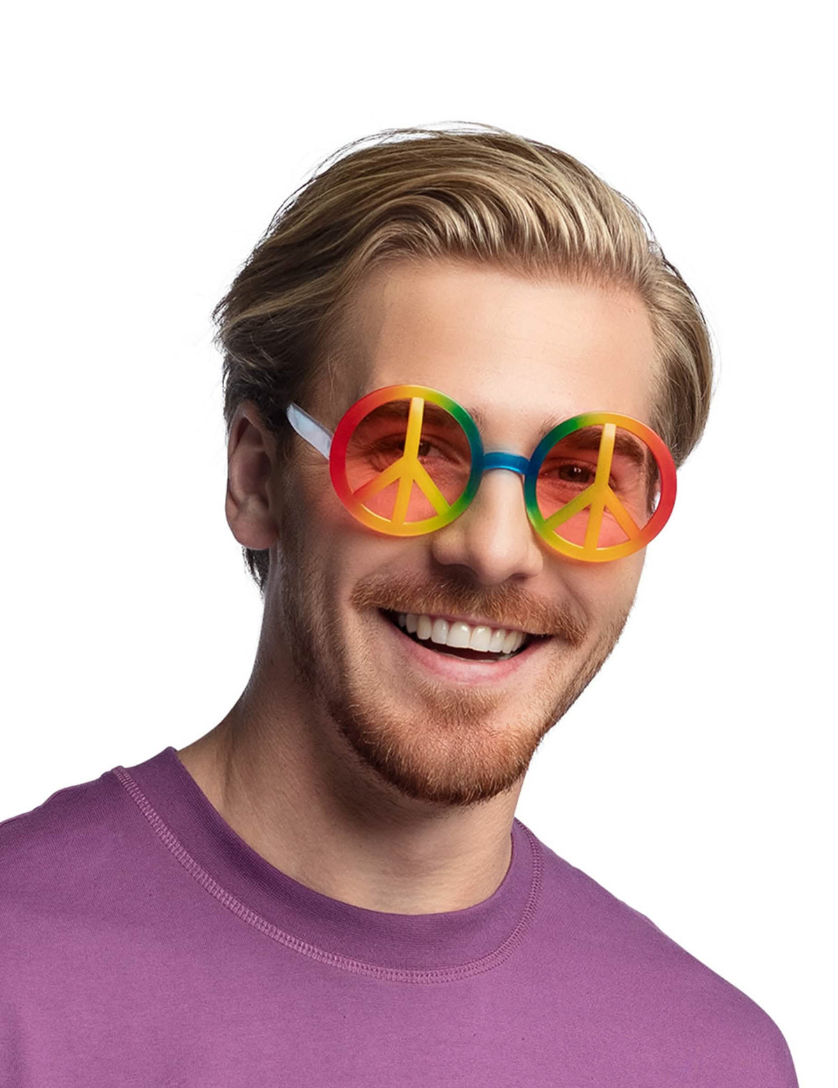 Großaufnahme der regenbogenfarbenen Gläser der Hippie-Brillen für Erwachsene