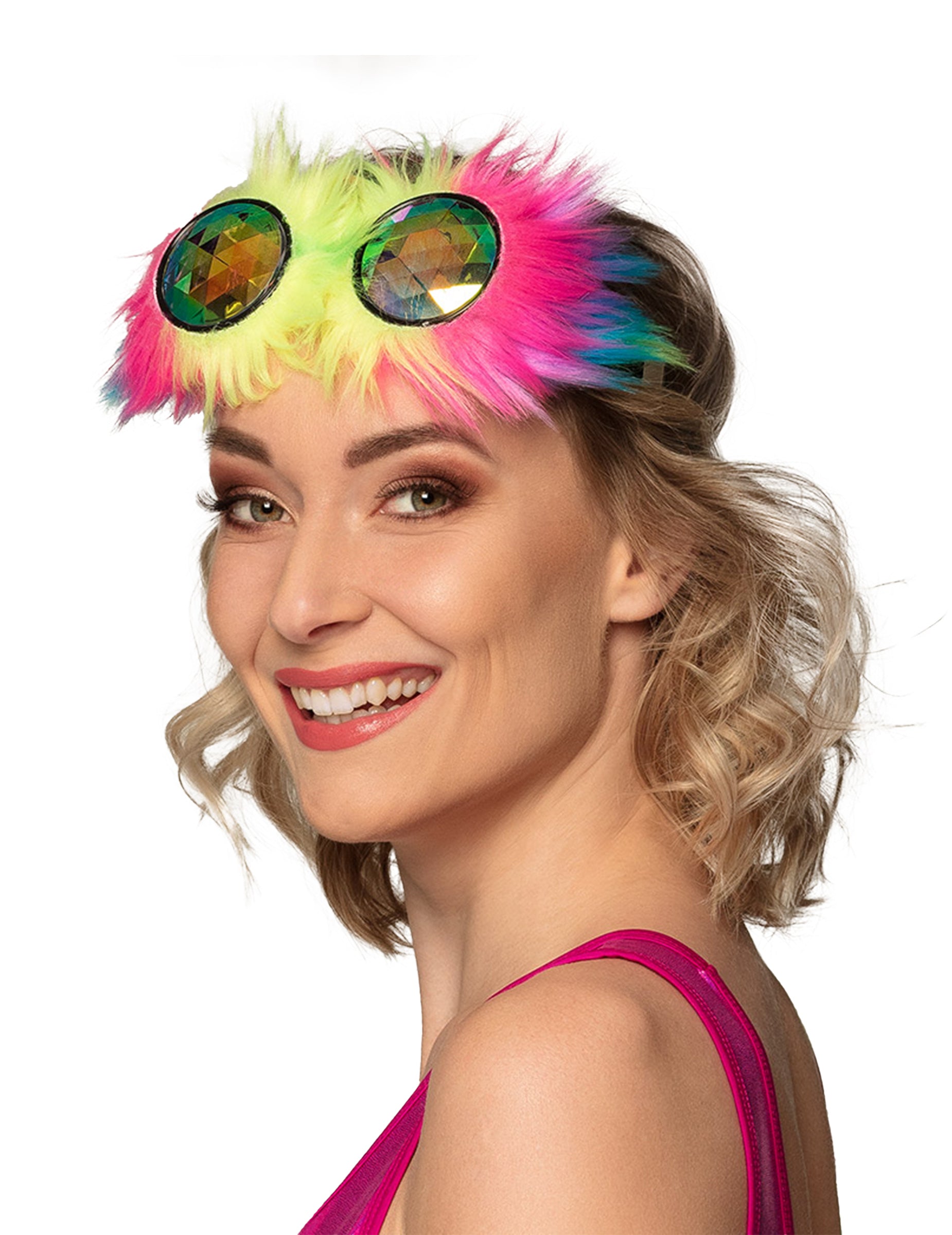 Vue de profil des lunettes rave party à poils multicolores