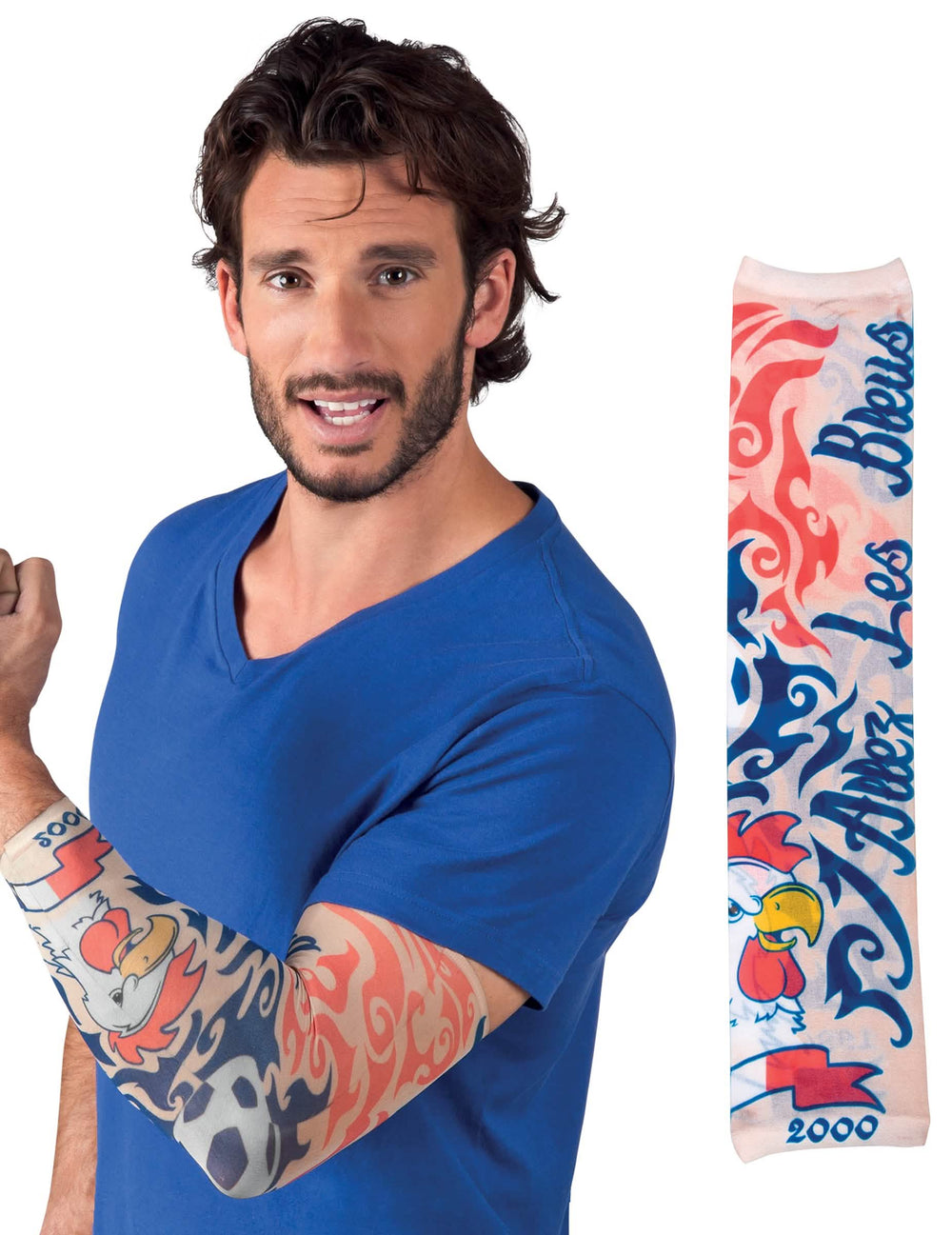 Manche tatouage supporter France pour homme bleu blanc rouge avec motif coq