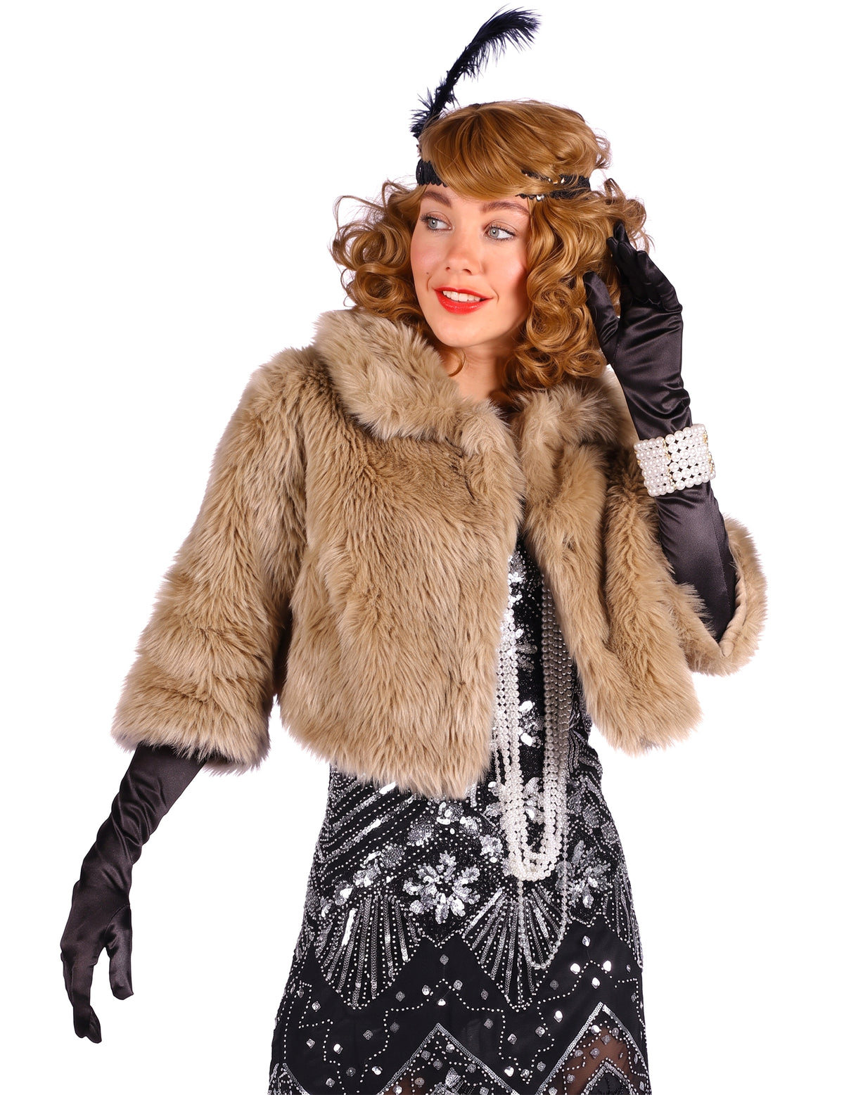 Brauner Charleston-Mantel aus Webpelz f  r Damen