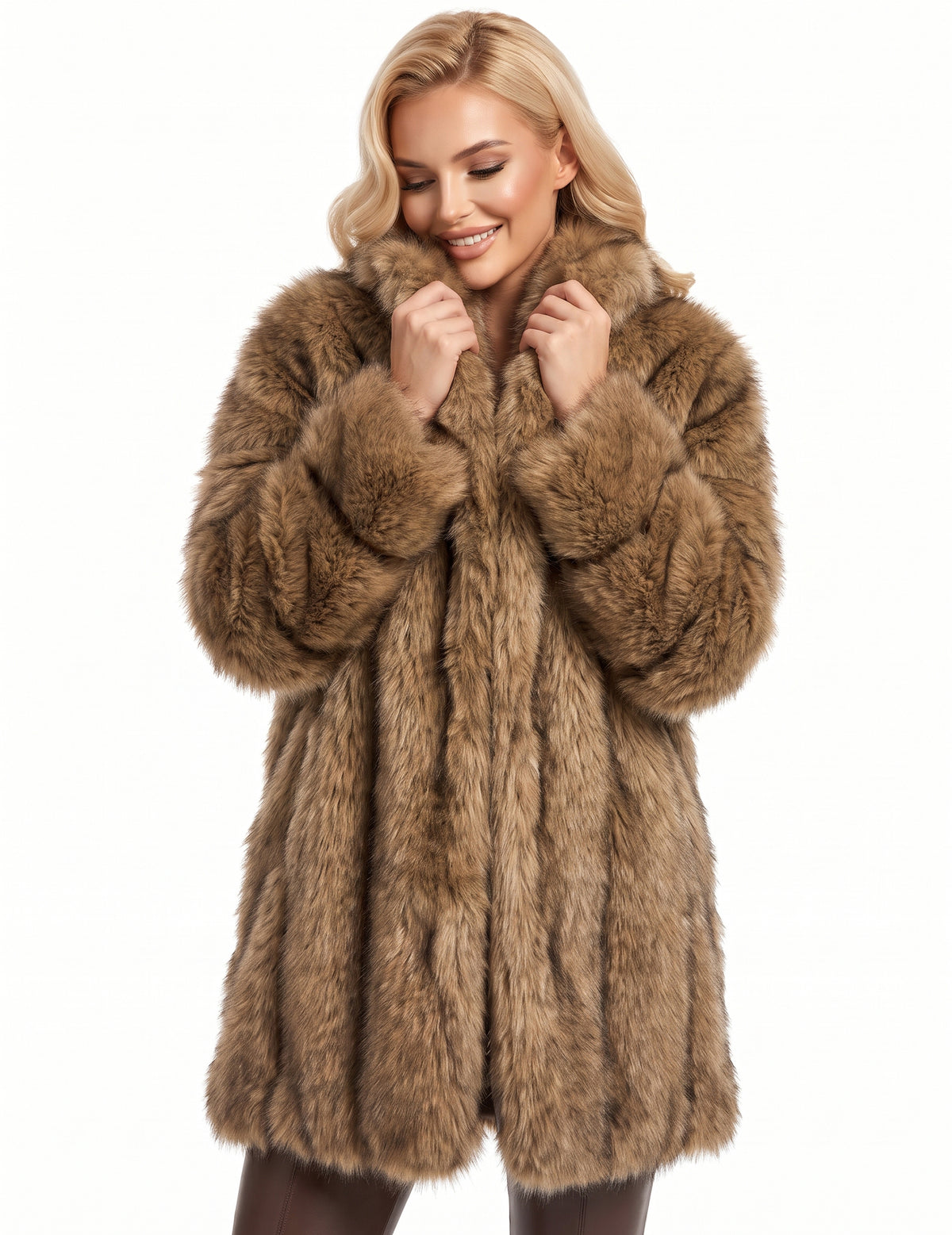 Manteau long en fausse fourrure de luxe marron