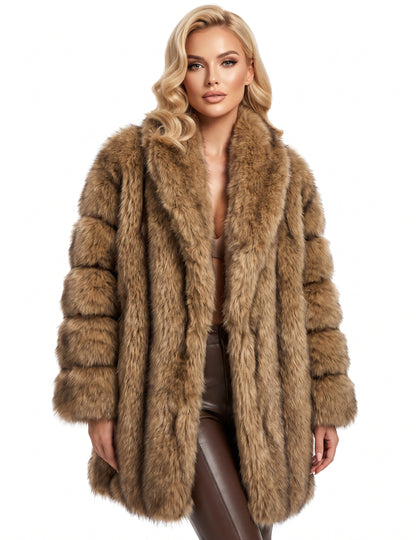 Manteau long en fausse fourrure de luxe marron