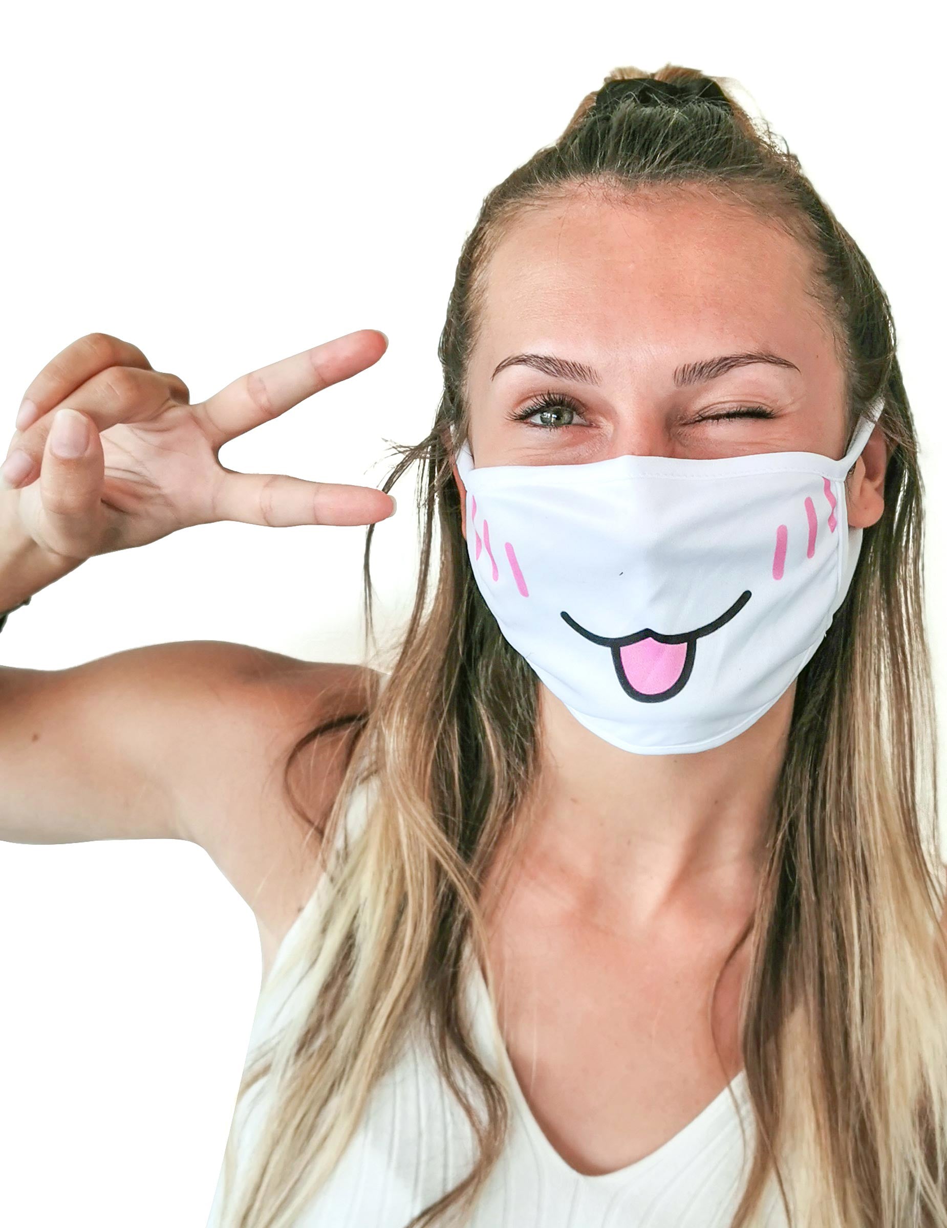 Masque cache nez imprimé chat pour adulte blanc avec langue rose