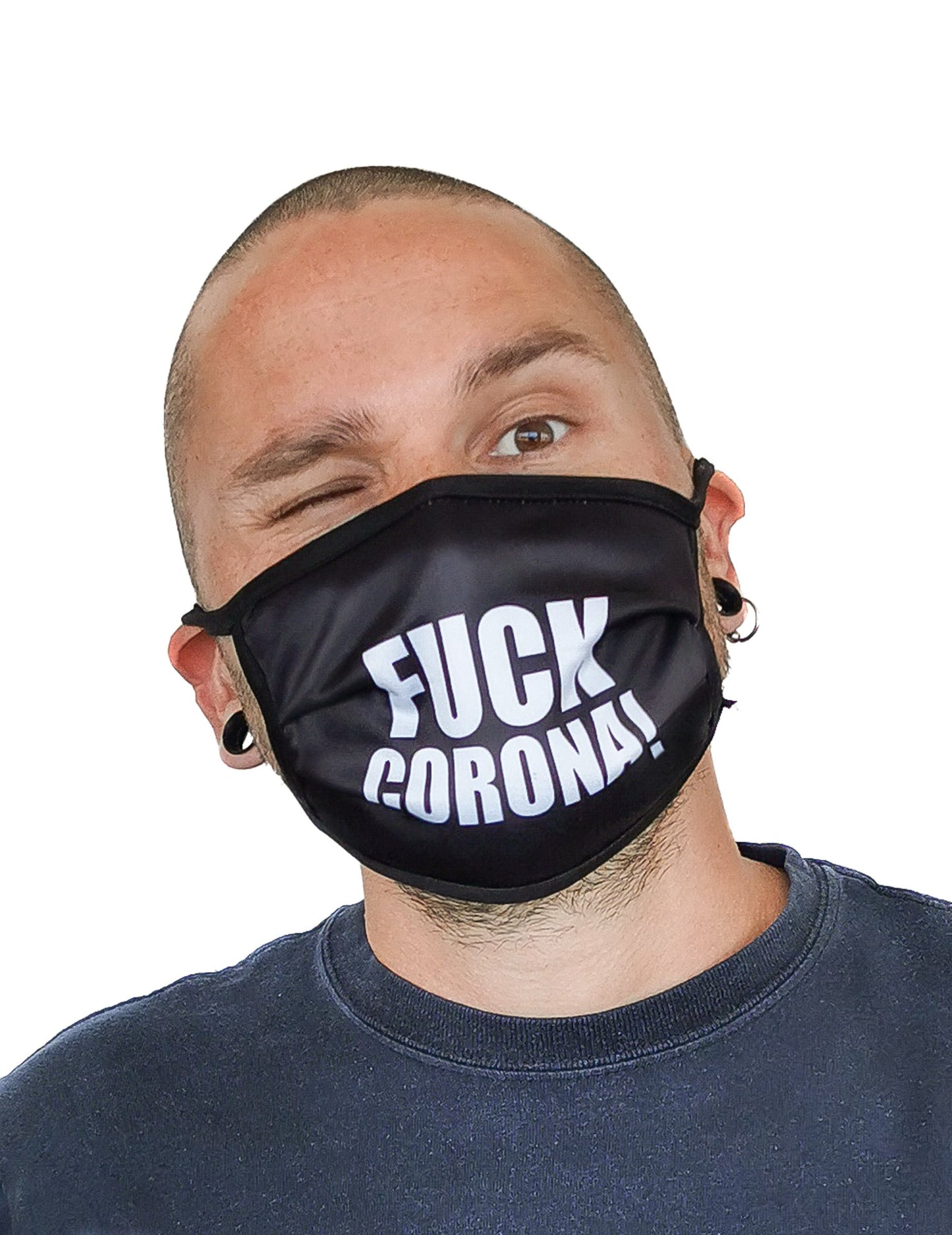Masque cache nez imprimé Fuck Corona pour adulte noir avec texte blanc
