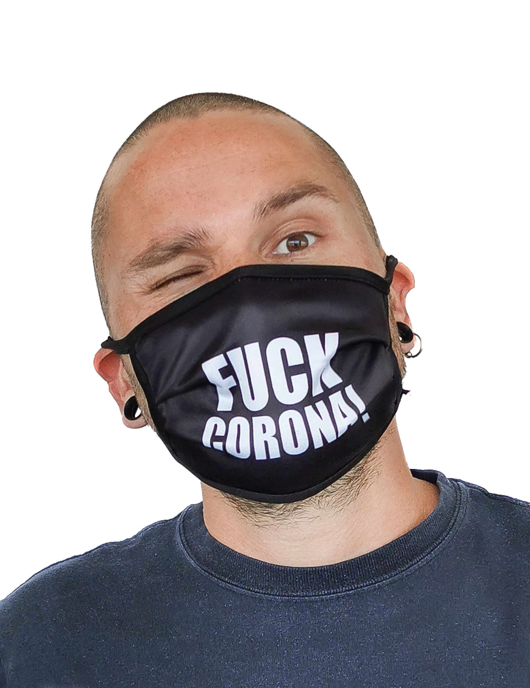 Masque cache nez imprimé Fuck Corona pour adulte noir avec texte blanc
