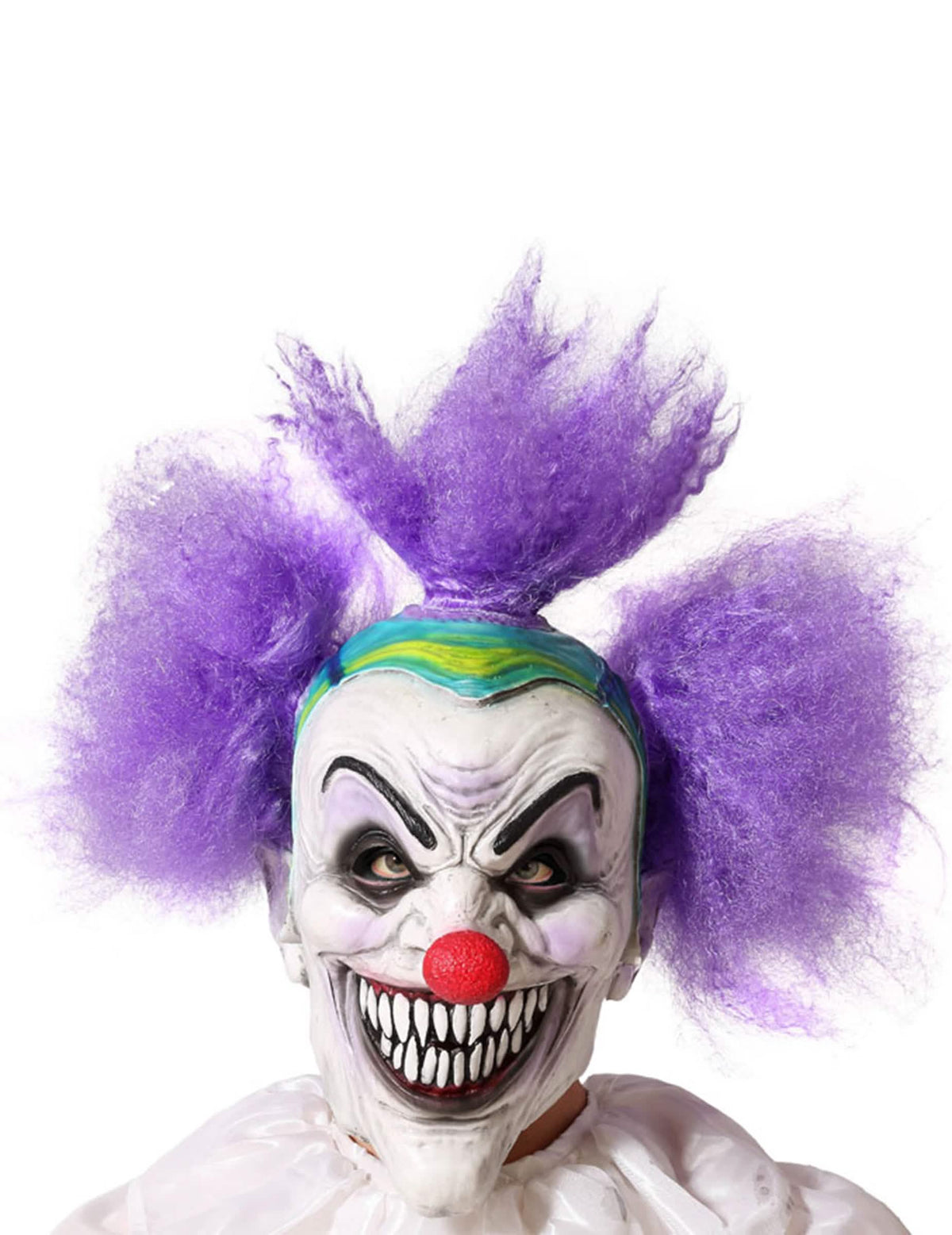 Verrückte Clownmaske für Erwachsene, Weiß und Violett mit roter Nase