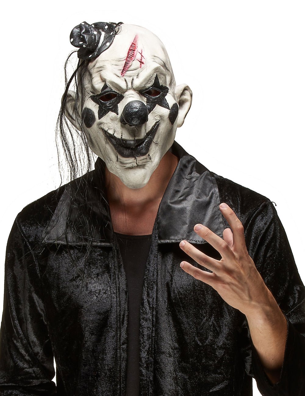 Masque de clown rockeur effrayant pour adulte blanc et noir avec cicatrice et mini chapeau