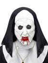 Masque demi-tête nonne horrible avec coiffe pour adulte blanc et noir avec bouche ensanglantée