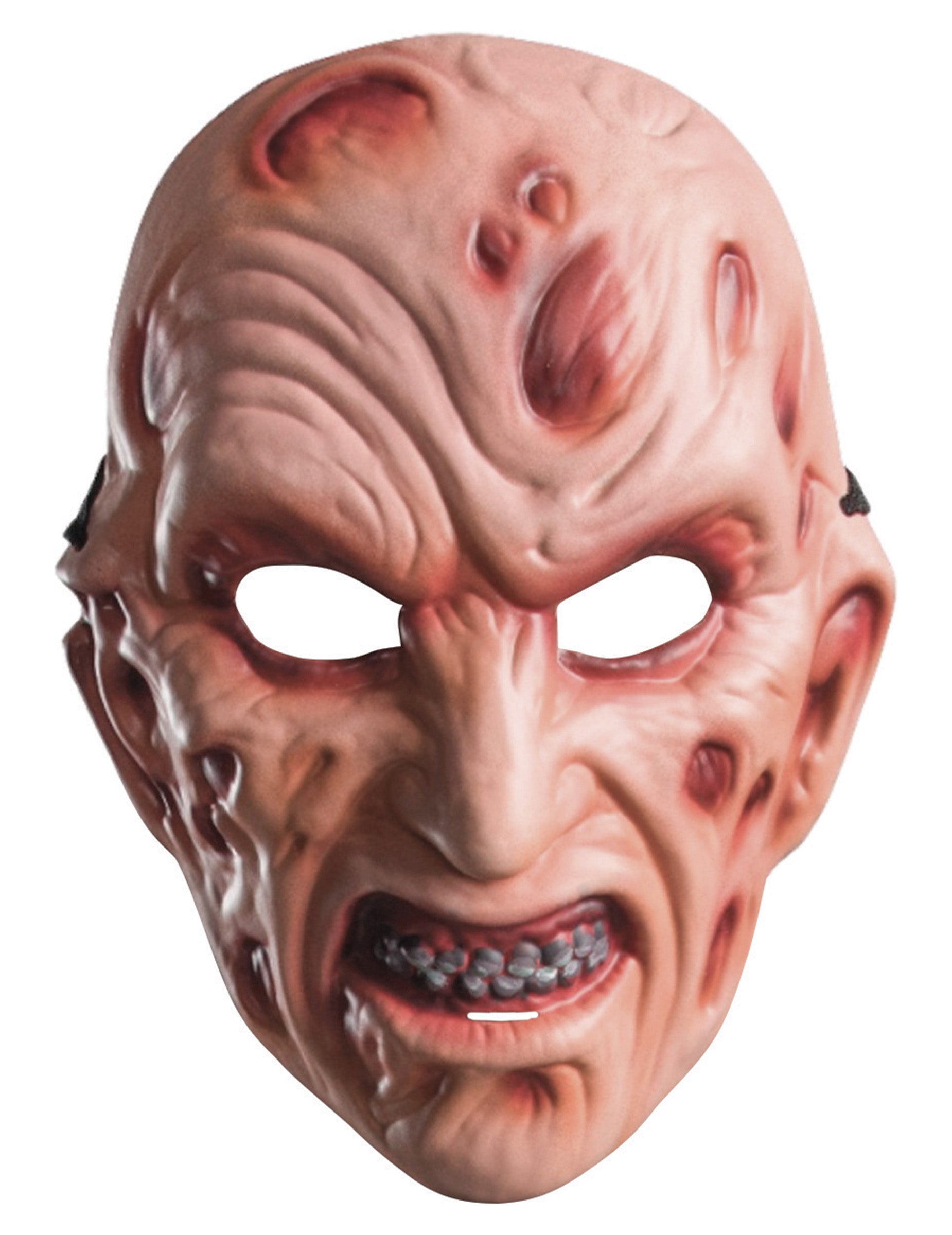 Gros plan sur les détails du visage du masque en plastique Freddy pour adulte