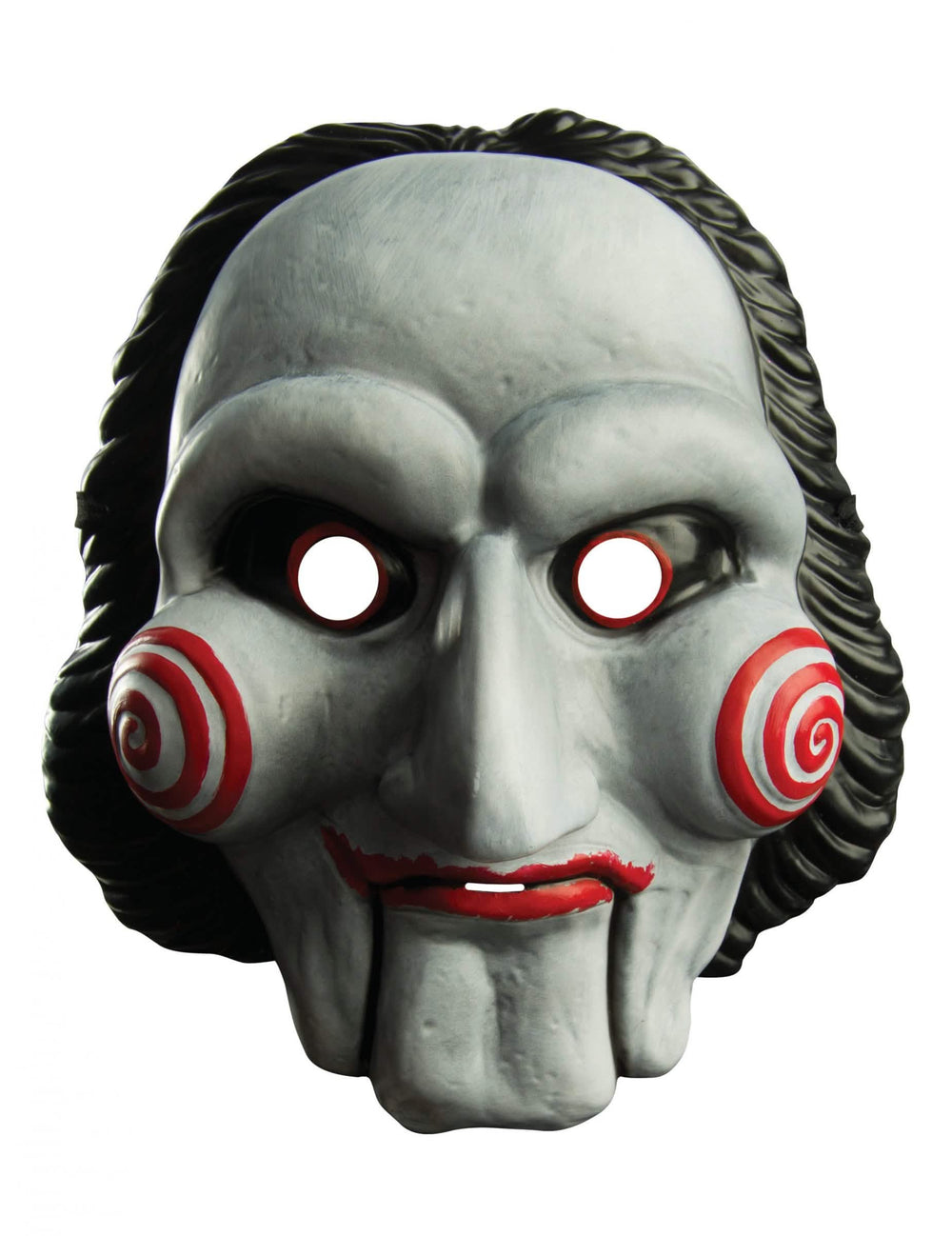 Masque en plastique Saw pour adulte blanc avec spirales rouges et cheveux noirs