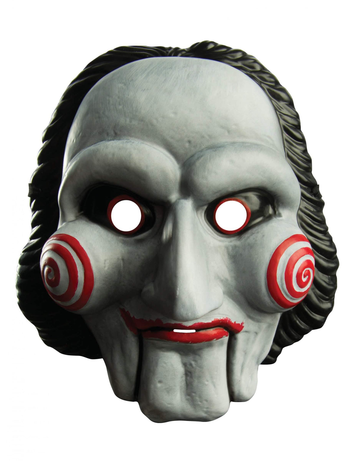 Masque en plastique Saw pour adulte blanc avec spirales rouges et cheveux noirs