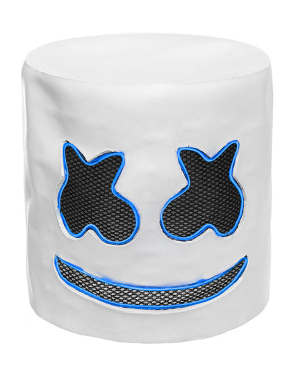Détail des contours à LED bleues du masque DJ guimauve