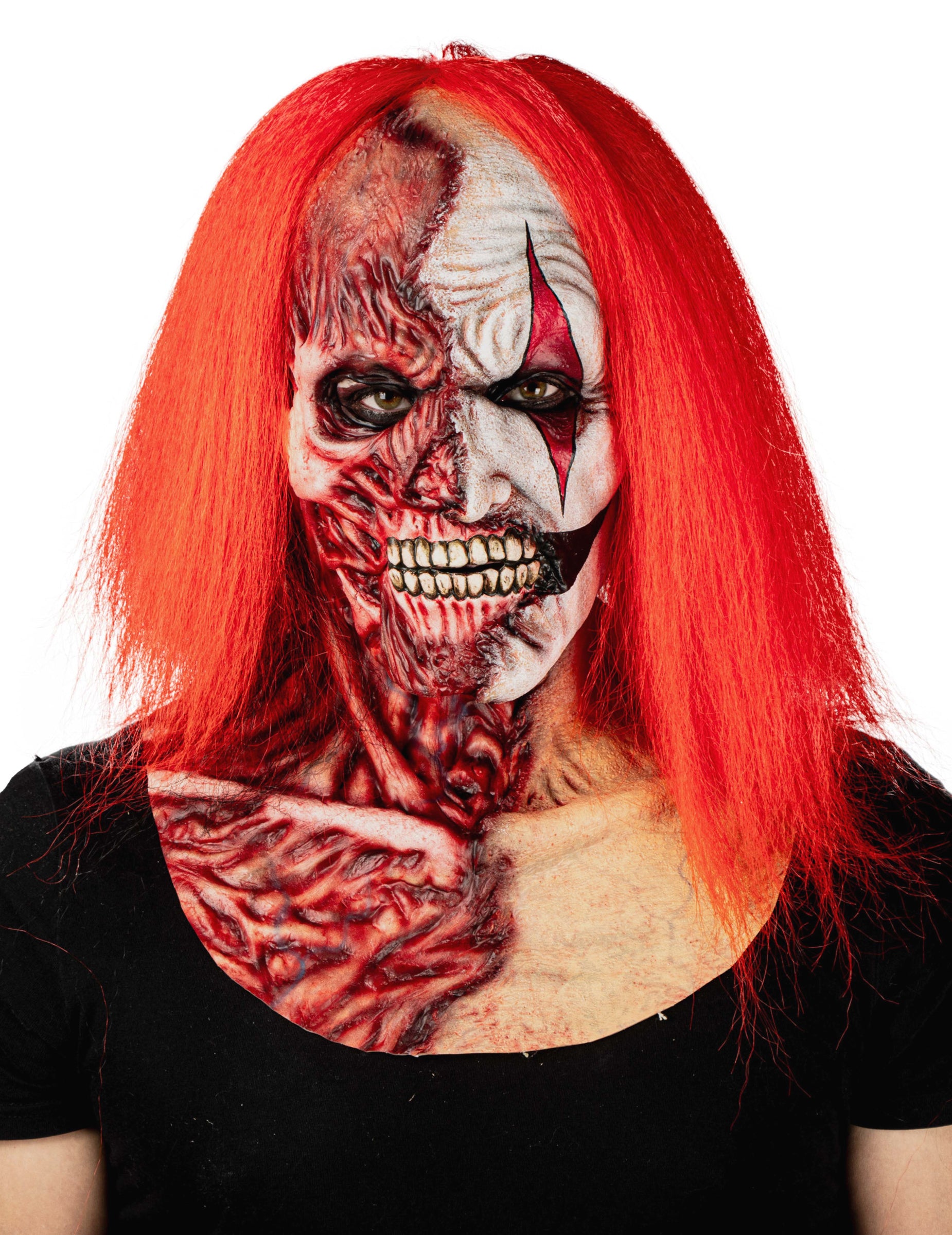 Masque hyper réaliste de clown double face pour adulte avec longs cheveux rouges et effets sanglants