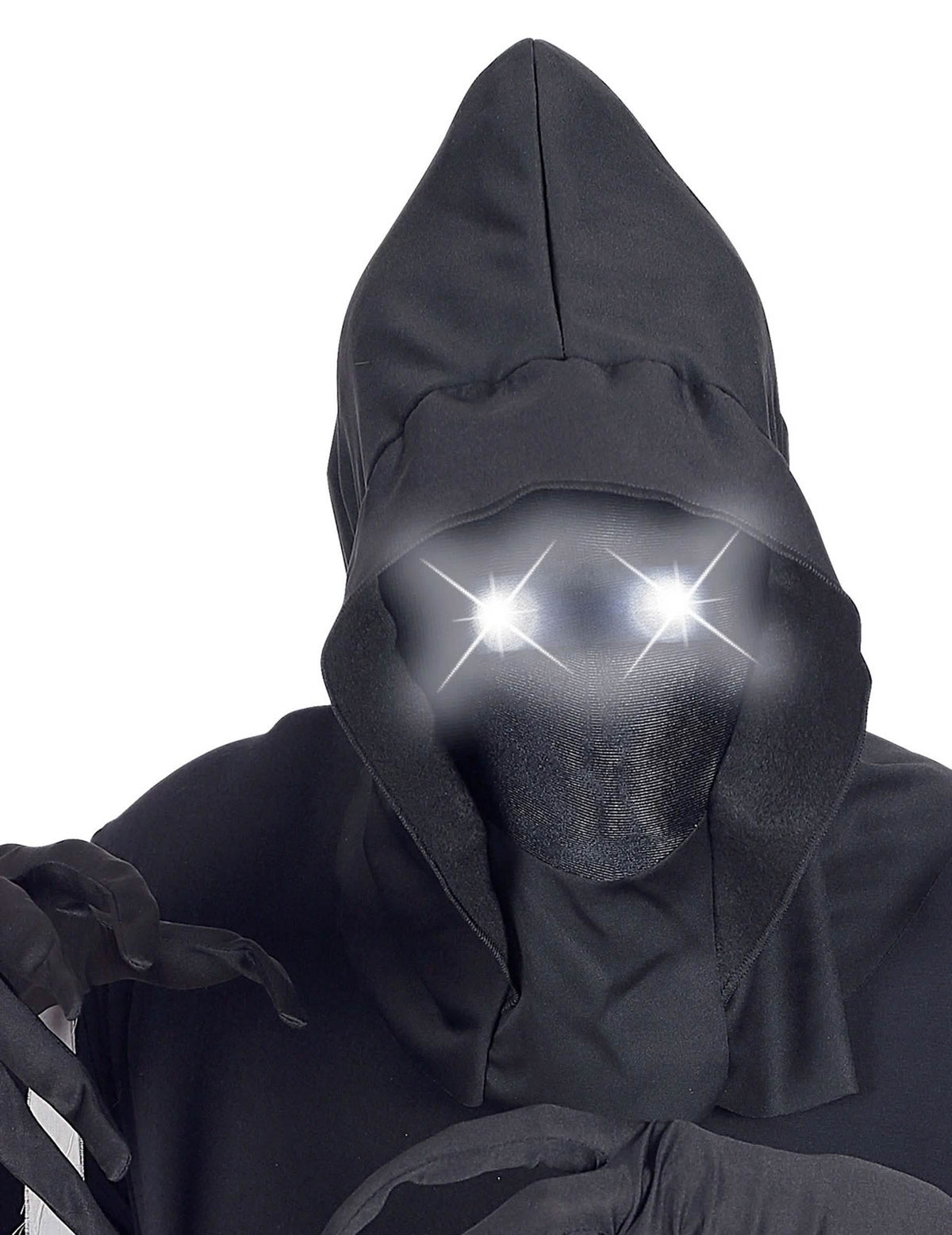 Detail der leuchtenden Augen der Vollmaske mit Kapuze, unsichtbares Gesicht und leuchtende Augen
