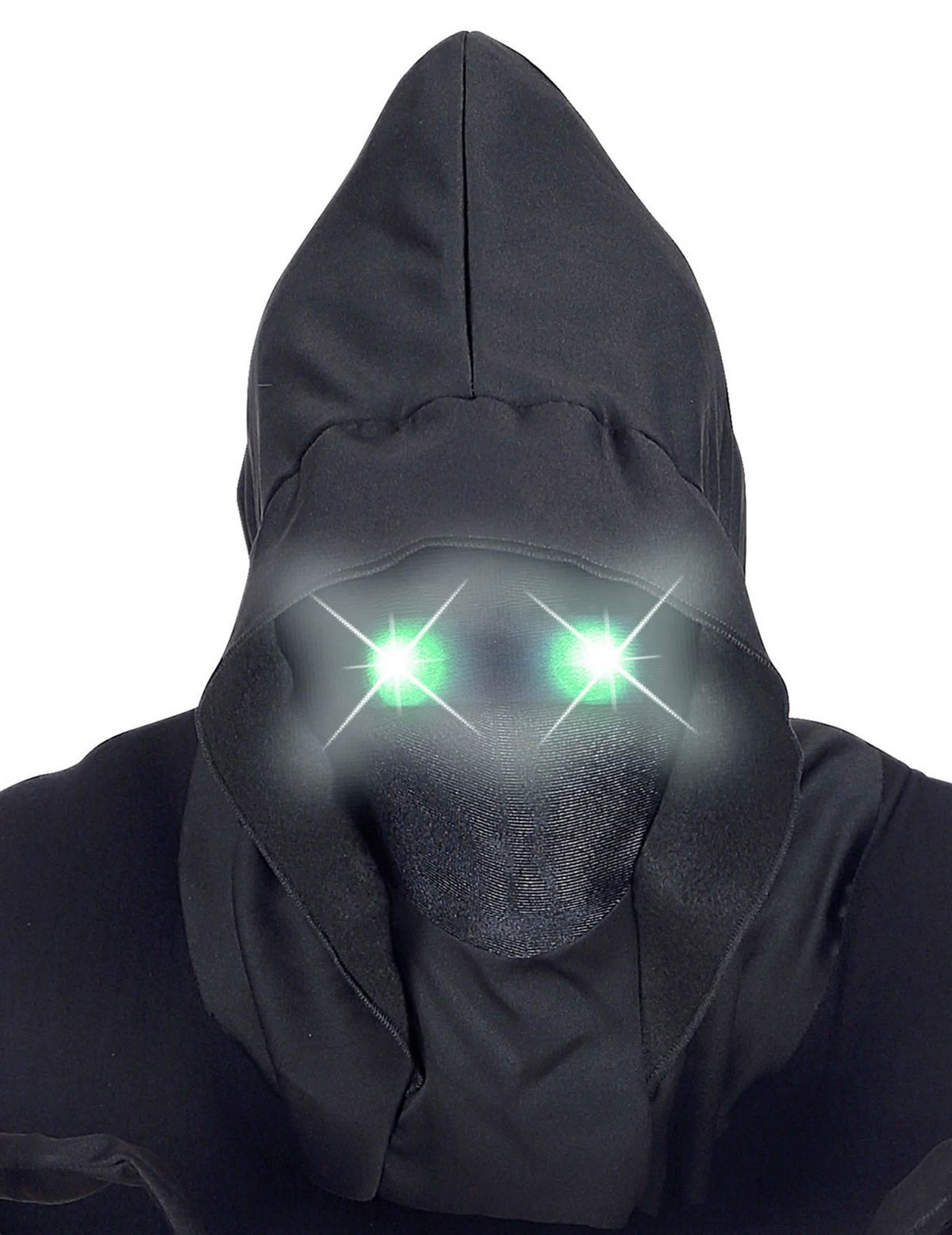 Vollgesichtsmaske mit Kapuze, unsichtbares Gesicht für Erwachsene, Schwarz mit leuchtend grünen Augen
