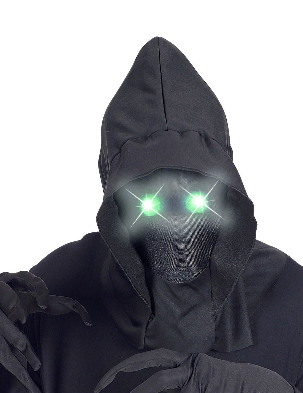 Nahaufnahme der leuchtend grünen Augen der vollgesichtigen Kapuzenmaske mit unsichtbarem Gesicht für Erwachsene