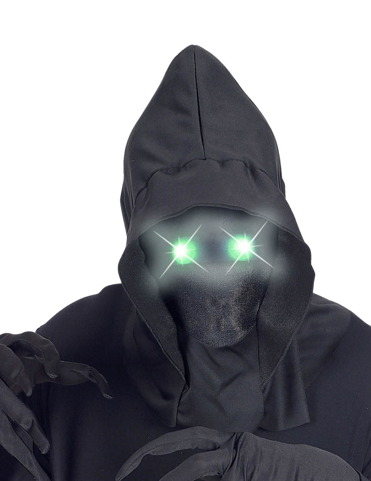 Nahaufnahme der leuchtend grünen Augen der vollgesichtigen Kapuzenmaske mit unsichtbarem Gesicht für Erwachsene