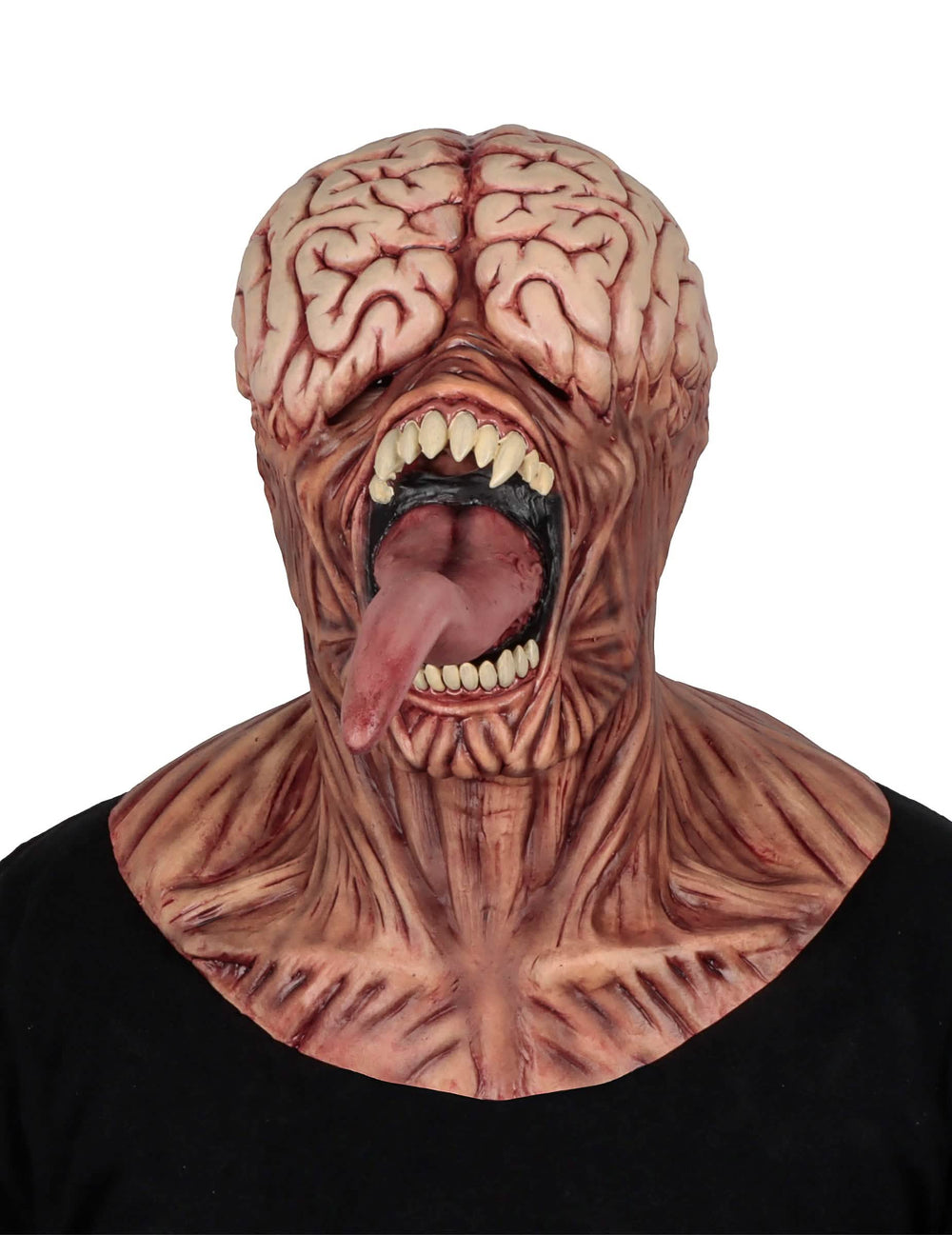 Masque intégral de monstre cerveau apparent pour adulte rose et chair avec longue langue