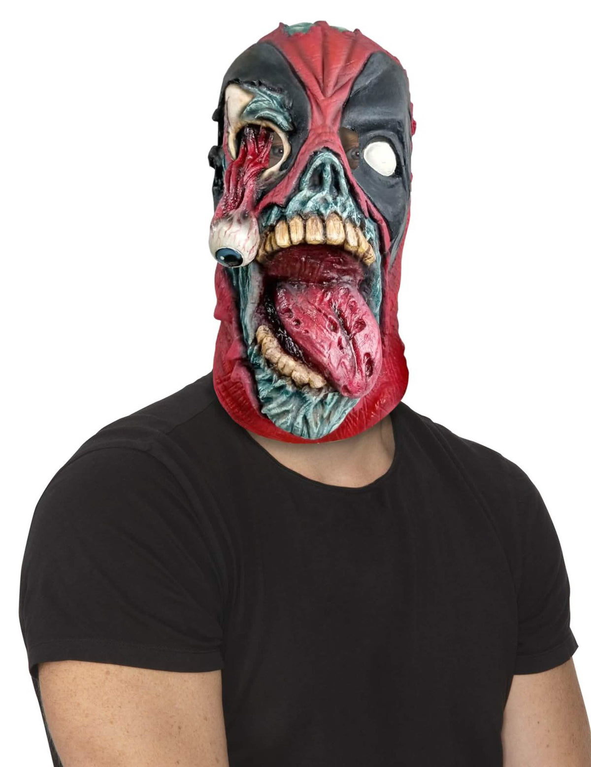 Masque intégral Deadpool zombie pour adulte rouge et noir avec œil pendant et langue apparente