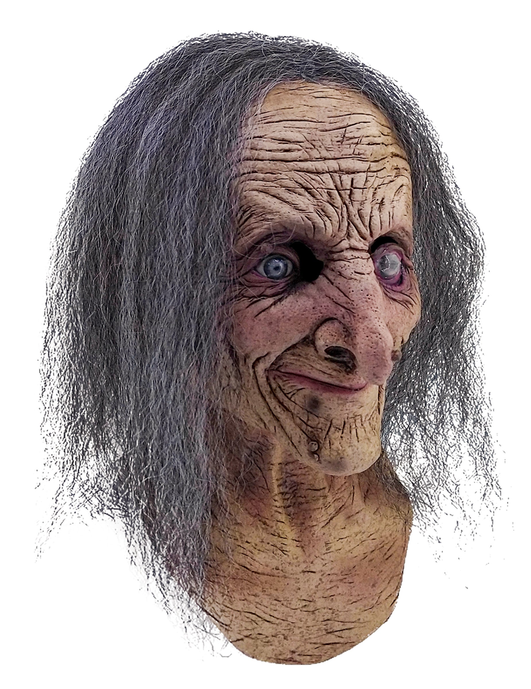 Masque intégral vieille sorcière pour adulte avec cheveux gris et rides réalistes