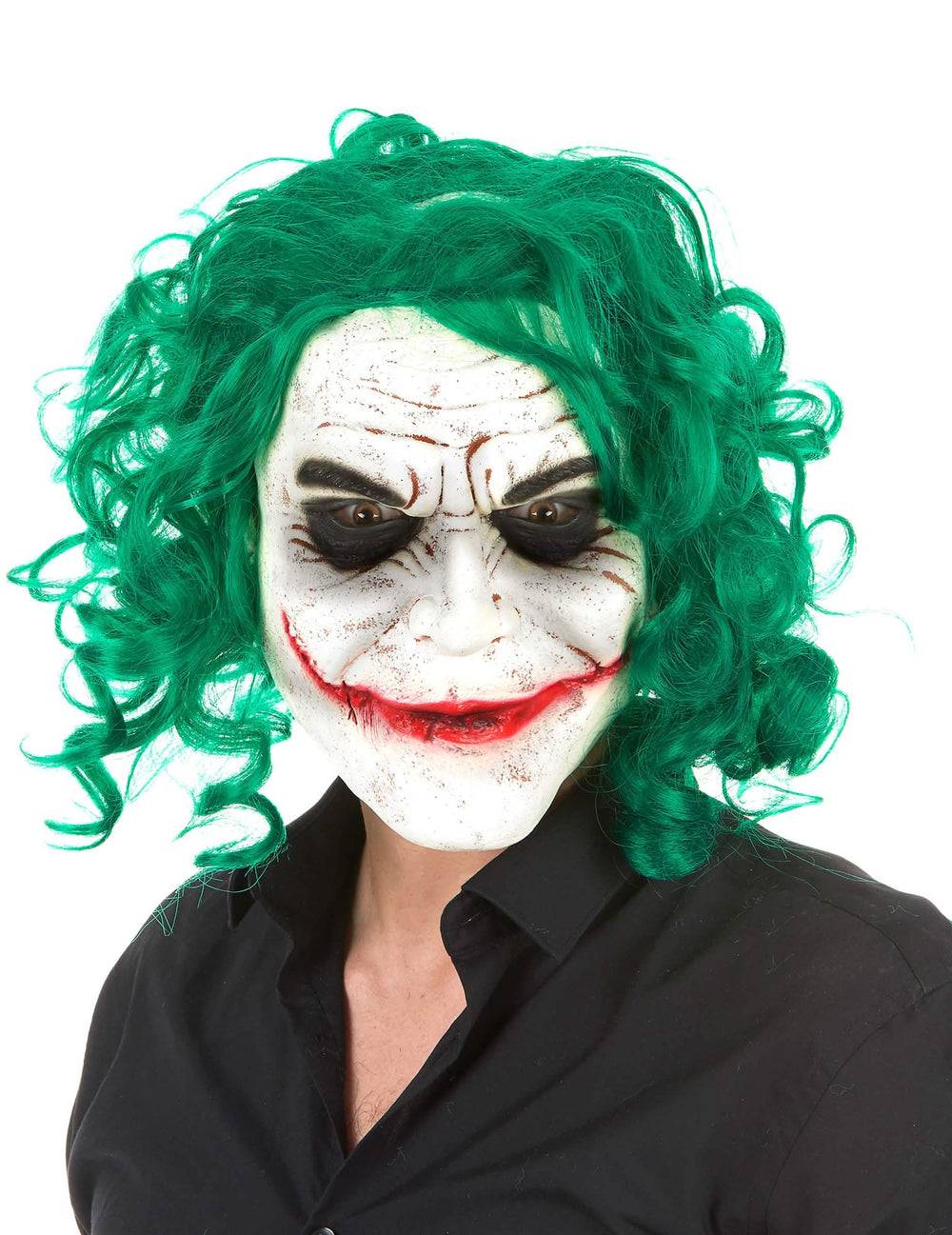 Latex-Harlekin-Maske für Erwachsene weiß und Grün mit lockigen Haaren