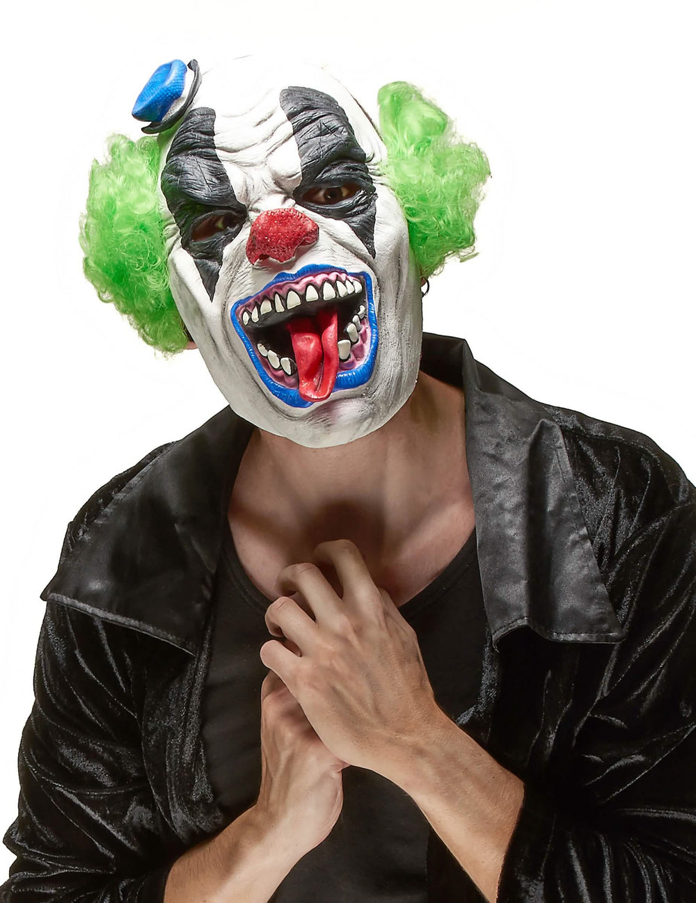 Latexmaske furchterregender Clown für Erwachsene Weiß mit grünen Haaren und heraushängender Zunge