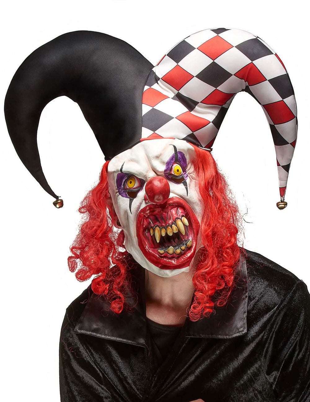 Schreckliche Latex-Maske des Jokers für Erwachsene Weiß und Rot mit Schellenkappe des Narren