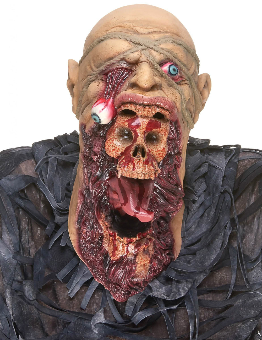 Latex-Zombie-Fresser-Maske für Erwachsene, Beige und blutiges Rot mit herabhängendem Auge und sichtbarem Schädel